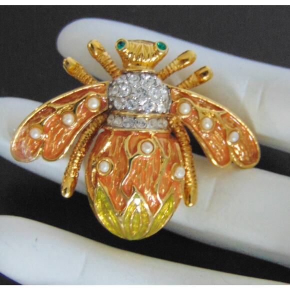 Joan Rivers Crystal Lily Of The Valley Flower BEE PIN Brooch Gold Pave Crystal - Picture 1 of 5